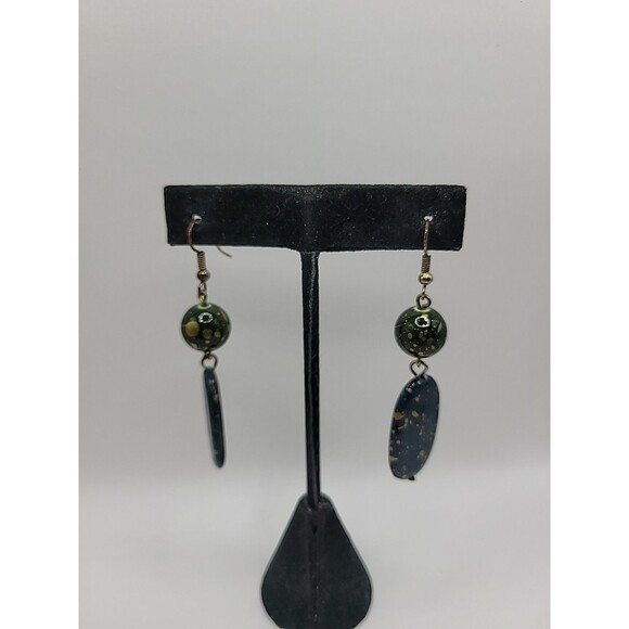 Vintage Earrings Pierced Hook Drop Dangle Blue Green Gold Tone Jewelry Costume - Picture 4 of 10